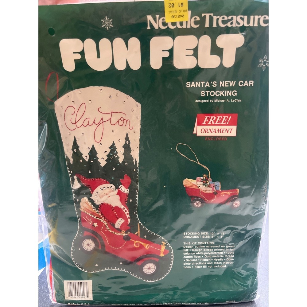 VTG Needle Treasures Fun Felt Santa's New Car Christmas Stocking Kit + Ornament